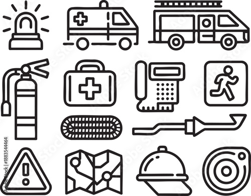 Black and white of emergency services equipment and tools including fire extinguisher, first aid kit, and safety gear