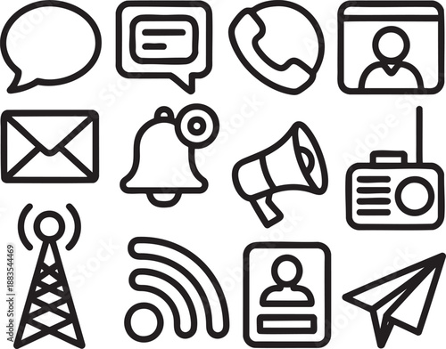 Black and white of communication and technology symbols including speech bubbles, email, phone, and Wi- Fi signals