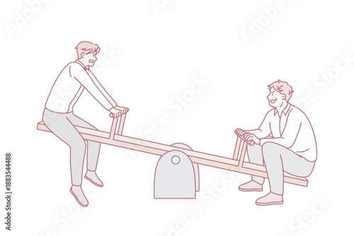 Business rivalry and competition concept. Two businessmen opponents sitting riding on swings trying to outweight one another vector illustration