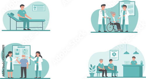 Medical Consultation and Clinic Visit Illustration Set Featuring Patient Exams, Wheelchair Assistance, and Waiting Room Scenes