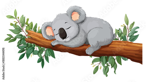 Adorable Koala Sleeping on Tree Vector - Illustration with Outline Isolated