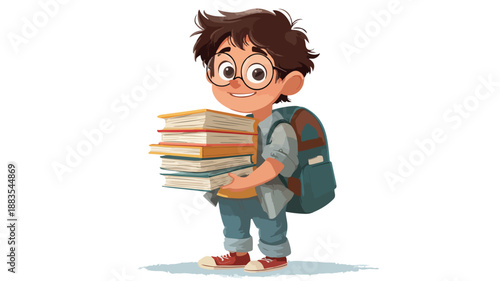 Adorable Schoolboy Carrying Books Vector Illustration with Outline Isolated