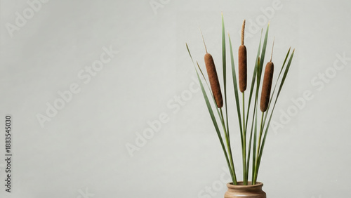 A rustic clay vase filled with tall cattail reeds, isolated on a clean light gray background with ample copy space.
