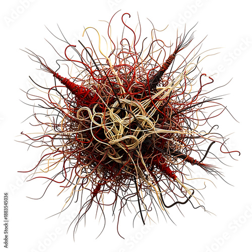 Abstract tangled mass of red beige and black wires with pointed ends on white background cables network