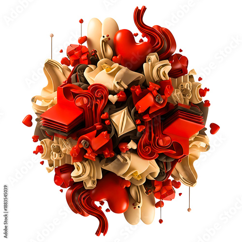 Abstract 3D composition of red and cream hearts and shapes rendering valentines day png