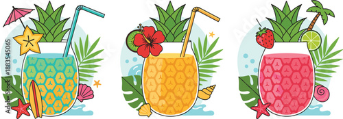 Tropical Pineapple Drink Illustration Set Featuring Colorful Summer Beverages with Fruit Garnishes and Beach Elements