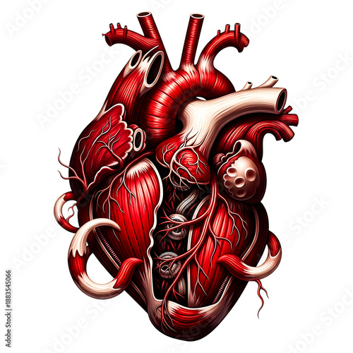 anatomical illustration of a human heart with red muscle tissue and white vessels anatomy medical png