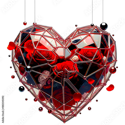 Geometric heart filled with red roses and petals surrounded by small spheres flowers valentines day png