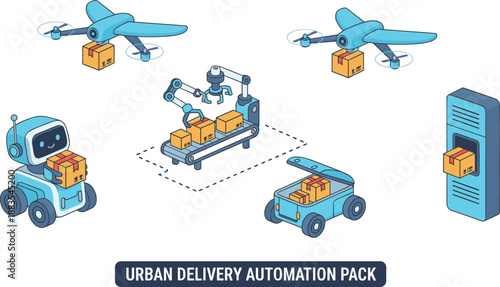 Urban Delivery Automation Illustration Set Featuring Drones, Delivery Robots, Conveyor Arm Systems, Smart Lockers, and Package Handling