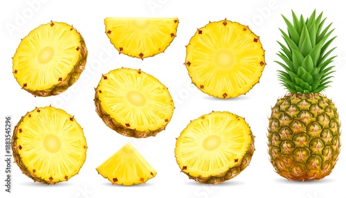 Vivid, realistic depiction of pineapple, sliced and whole, showcasing the tropical fruit's vibrant color and texture against white