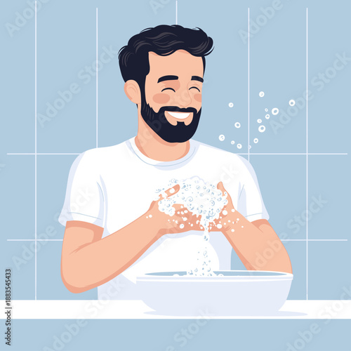 Happy Man Washing Hands with Soap
