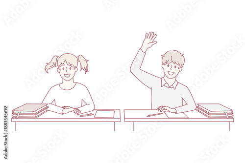 Educational process and learning concept. Smiling pupils boy and girl sitting at lesson and raising hand ready to answer having knowledge vector illustration