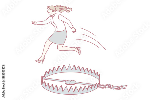 Business danger and leadership concept. Smiling businesswoman jumping over trap achieving success hiding risks and tricks vector illustration