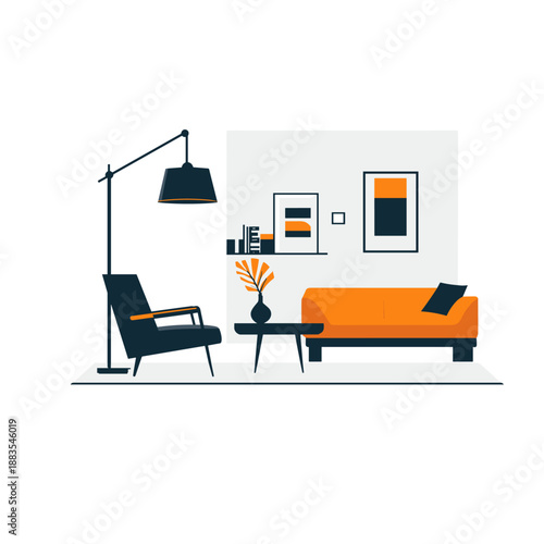 Modern living room with vibrant orange sofa and minimalist decor