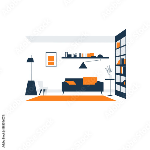 Modern living room with vibrant orange sofa and minimalist decor