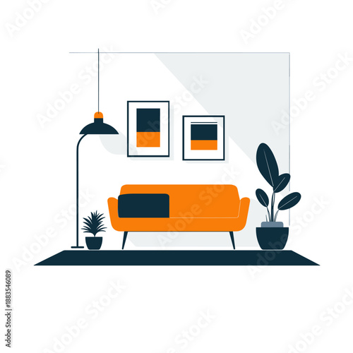 Modern living room with vibrant orange sofa and minimalist decor