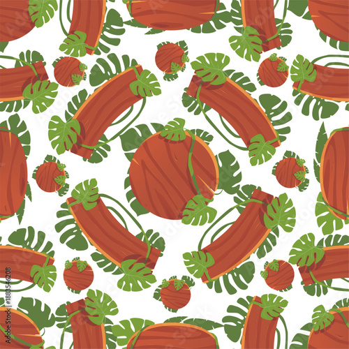 Wooden boards and signs overgrown with vines and tropical plants seamless pattern. Wood guidepost frames. Repeated print. Palms leaves and lianas. Plank pointers. Vector background