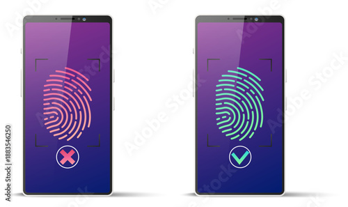 Successful or unsuccessful fingerprint scanning on realistic mobile phone screen. Smartphone access password. Biometric identification. Security cellphone technology. Vector concept