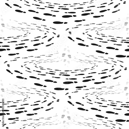 Shoe prints on white background. Human boots imprints seamless pattern. Steps black traces on ground. Footprints path following. Footwear stamps trekking. Vector repeated wallpaper