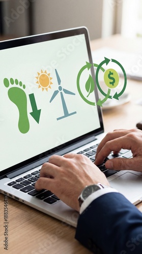 Businessman typing on laptop with green sustainability icons carbon footprint reduction and renewable energy business vertical concept