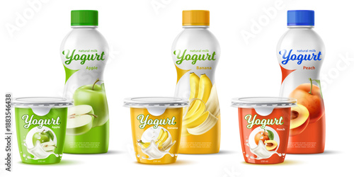 Realistic packaging design for yogurt. Dairy products. Plastic containers mockup. Drinking yoghurt. Apple and banana taste. Fermented milk jar. Isolated closed pots. Vector packages set