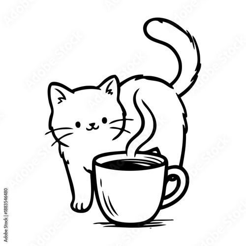 Logo cafetería. Dibujo sencillo con líneas de un gato simpático con una taza de café caliente