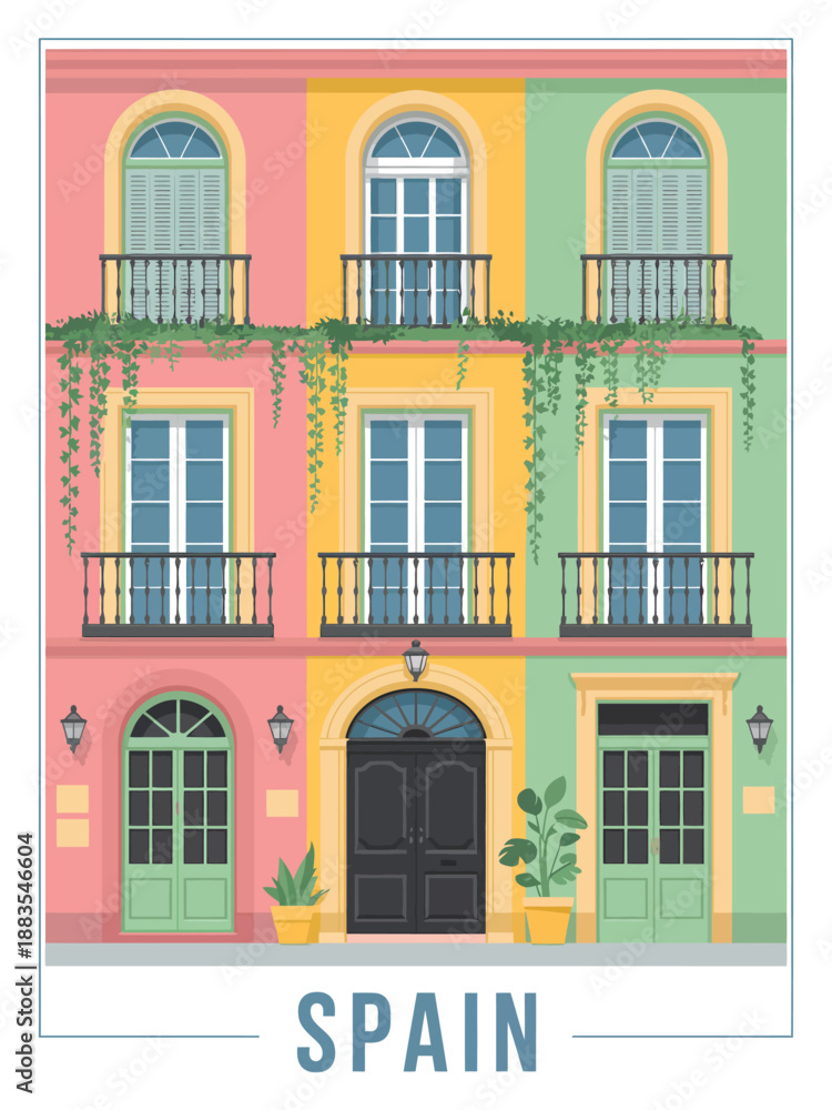 Obraz premium Colorful Spanish Architecture Building Facade with Balconies and Plants