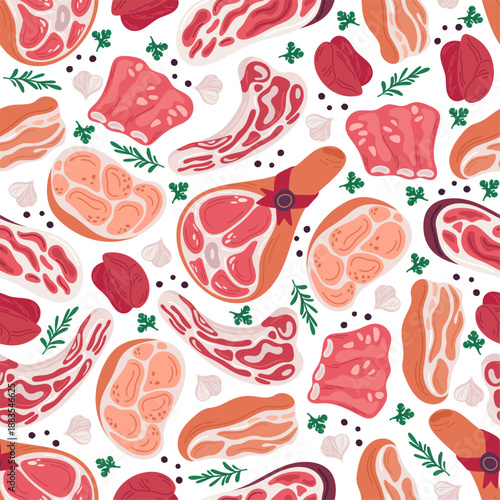 Meat products seamless pattern. Ribs and boiled pork. Ham slice. Beef liver and fillet. BBQ steak. Repeated print. Gastronomy delicacy. Repeated print. Butcher shop. Vector background
