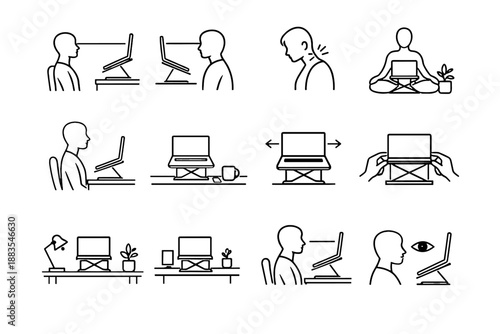 Ergonomics reduction vector icons clean screen line setup laptop placement icon natural