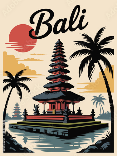 Vintage Bali Travel Poster Tropical Sunset with Traditional Temple and Palm Trees
