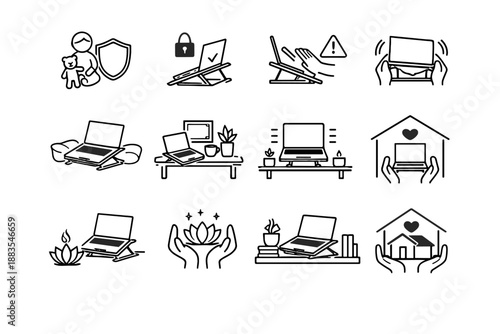 Icon laptop tip protection cue calm consideration stand workspace mindful care vector