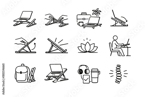 Icon stand cue workspace vector setup ergonomics use portable laptop adjustment