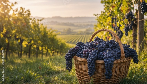 A basket filled with fresh grapes in a vineyard during sunset with beautiful landscape