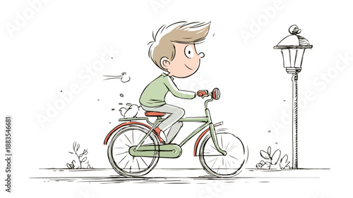 Funny Cartoon Boy Riding Bicycle Vector with Outline Isolated