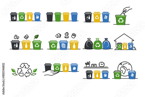 Environmental gentle recycling readiness minimalist home waste routine icons icon multiple vector