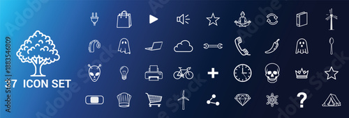 Collection of 37 white line icons on blue gradient background for web design ui and mobile apps including symbols for communication transportation and objects