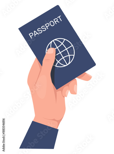 Hand holding passport. Identity check. Personal document for travel. Legal citizenship identification. National or foreign citizen ID. Arm shows paper documentation. Vector concept
