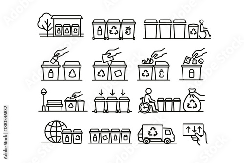 Public calm environment tidy grouped focus context icons icon vector recycling bin