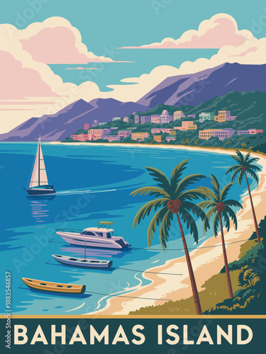 Idyllic Coastal Paradise View Retro Travel Art with Palm Trees and Ocean