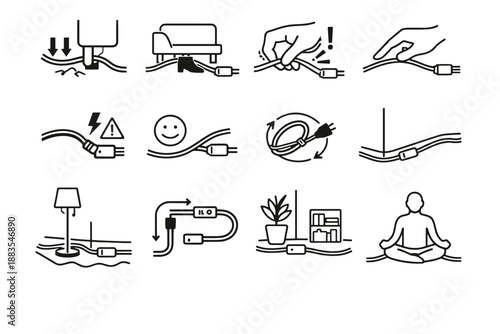 Safety pinch correction sofa mindful icon layout vector warning cable placement minimalist