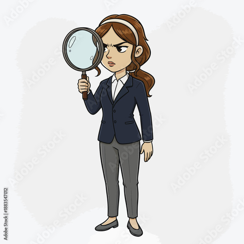 Determined businesswoman intensely scrutinizing details with a magnifying glass for insights