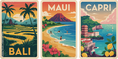 Vintage travel posters showcasing tropical destinations with iconic landmarks and beaches