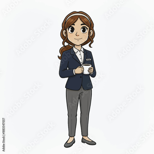 Whimsical illustration of a professional woman holding a coffee cup, ready for the workday