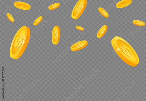 Gold coins fall from above. Winning prize or casino jackpot. Golden tokens falling down. Money rain. Financial success and wealth. Precious metal cash. Vector transparent background