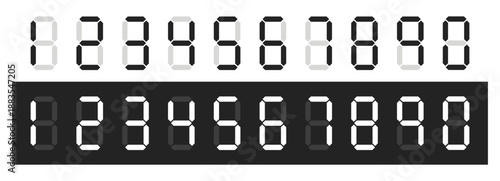 Electronic digits. Black and white digital numbers for digital devices. Interface font. Electric clock led dial. Scoreboard icons. Display board. Touchscreen numeric symbols vector set
