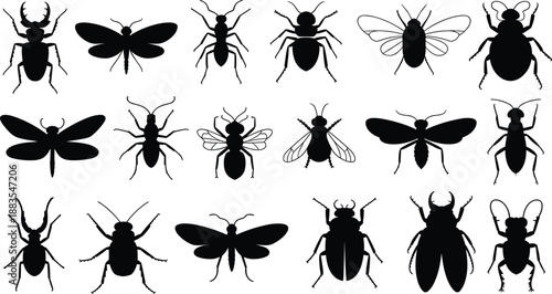 Black insect silhouette collection featuring beetles, flies, butterflies, wasps, ants and bugs isolated on white background, perfect for biology, nature, pest control and design projectsWeb