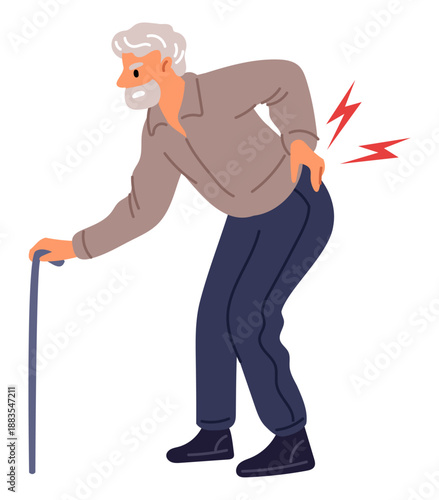 Elderly man with walking stick and feeling pain in his lower back. Grandparent suffering from backache. Rheumatism painful symptom. Senior person illness. Disease treatment. Vector concept