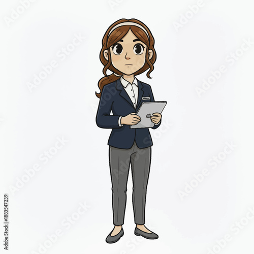 Professional cartoon woman with clipboard and suit ready for business meeting or presentation