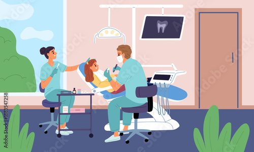 Dentist treats little girls teeth in dentists office. Caries treatment. Patient on armchair. Hospital visit. X-ray photo of tooth. Dental consultation. Medical examination. Vector concept