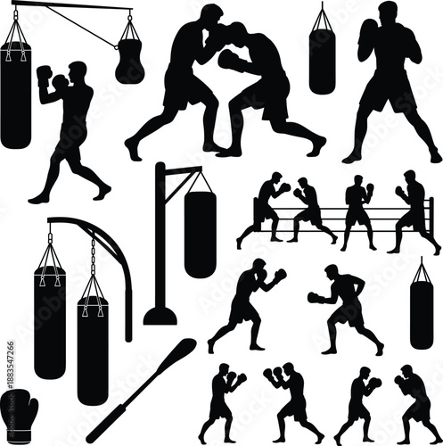Boxing training silhouettes set isolated on white background showing fighters, sparring, punching bags and gym equipment, black vector illustration for sport, fitness, combat conceptsWeb